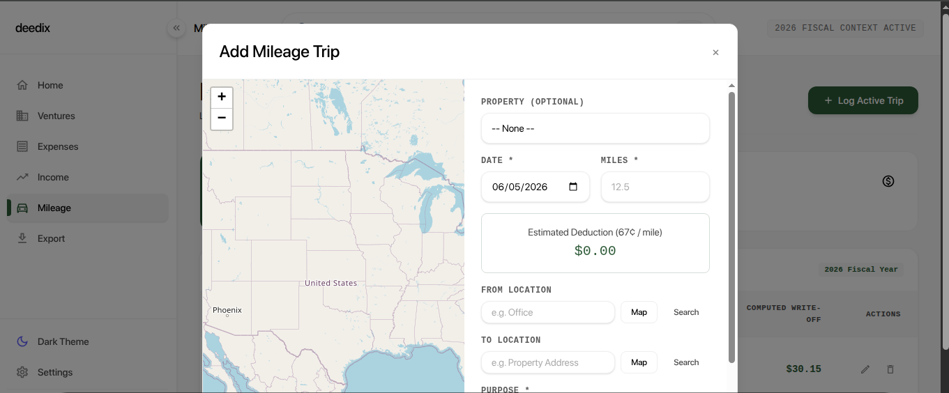 Mileage tracking with an interactive map